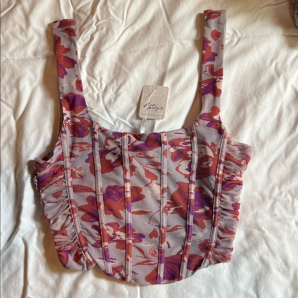 Free People Floral Corset Crop Top Coral Red Violet Small Mesh - Picture 11 of 11